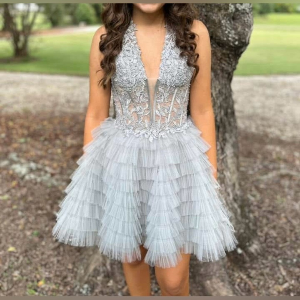 Sherri Hill Silver Formal Dress